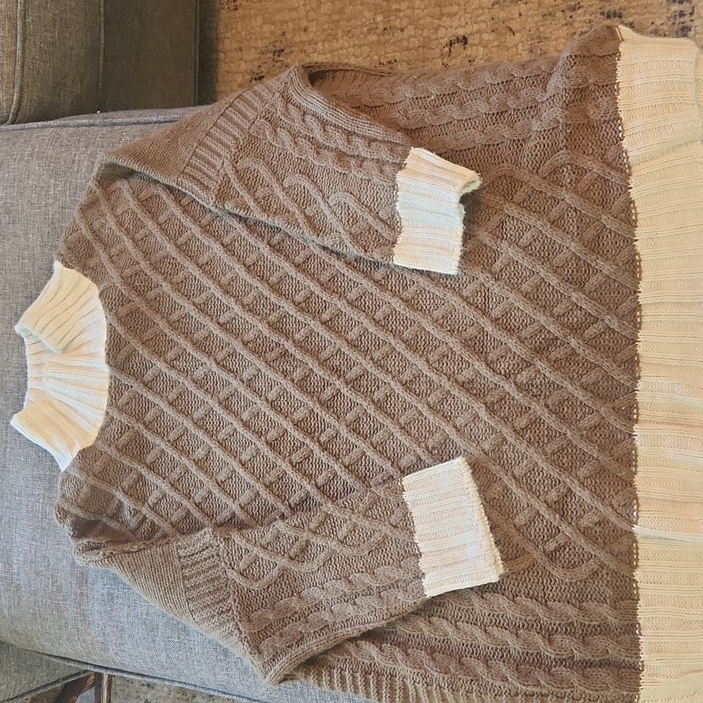 EUC Mersea tan & cream Lisbon Travelers mock neck lattice coastal sweater OS